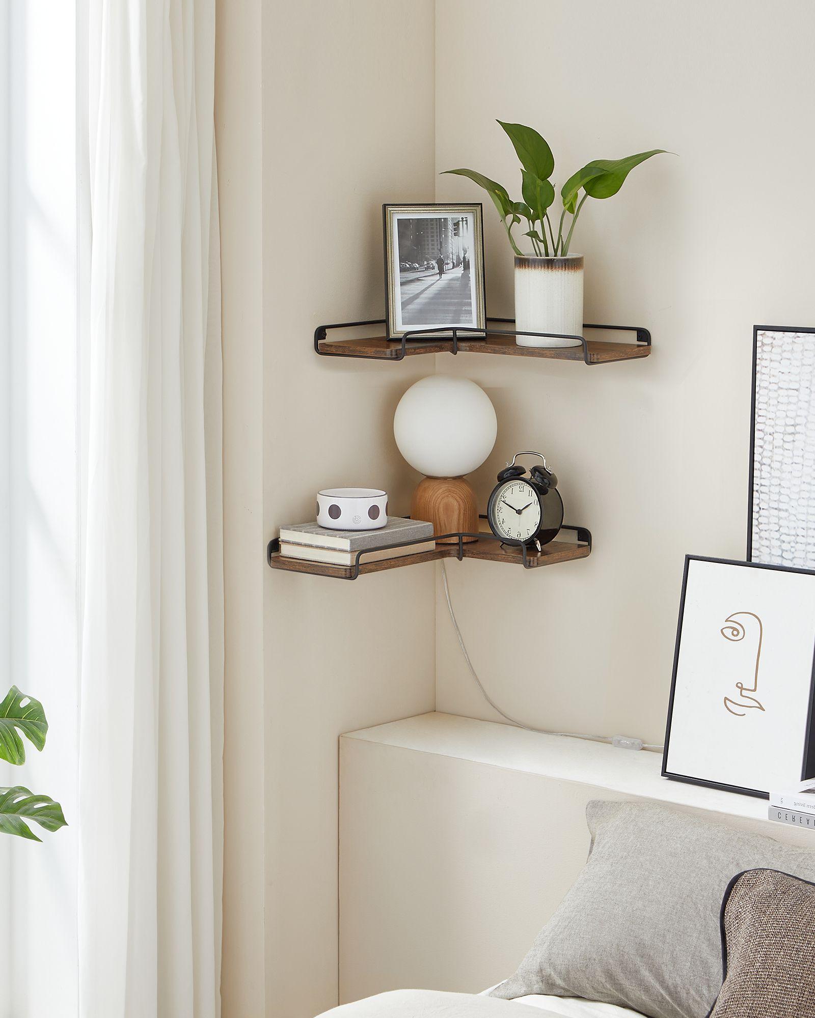 Set of 2 Corner Floating Shelves Rustic Brown FredCo