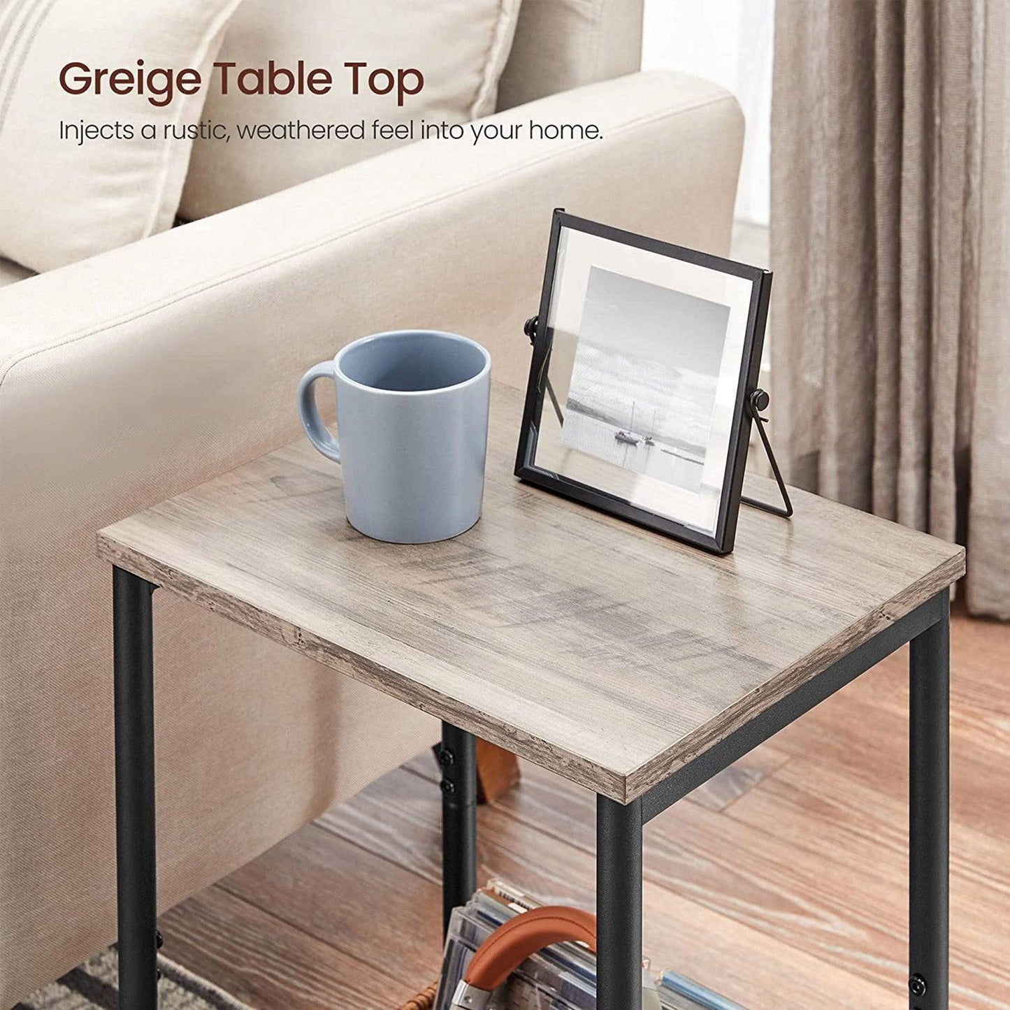 Set of 2 Greige & Black End Tables with Storage Shelf FredCo