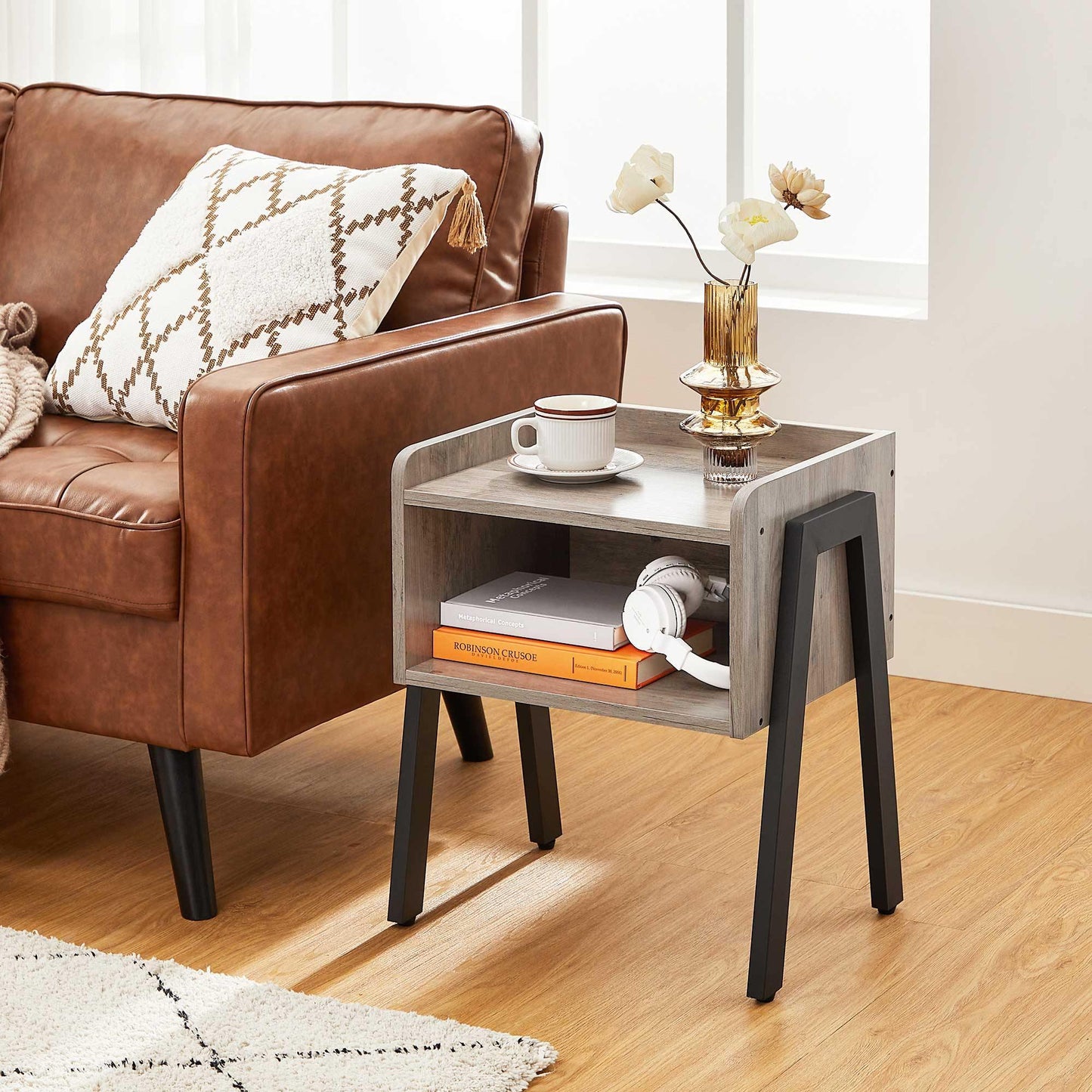 Set of 2 Greige Small Bedside Tables with Open Compartments FredCo