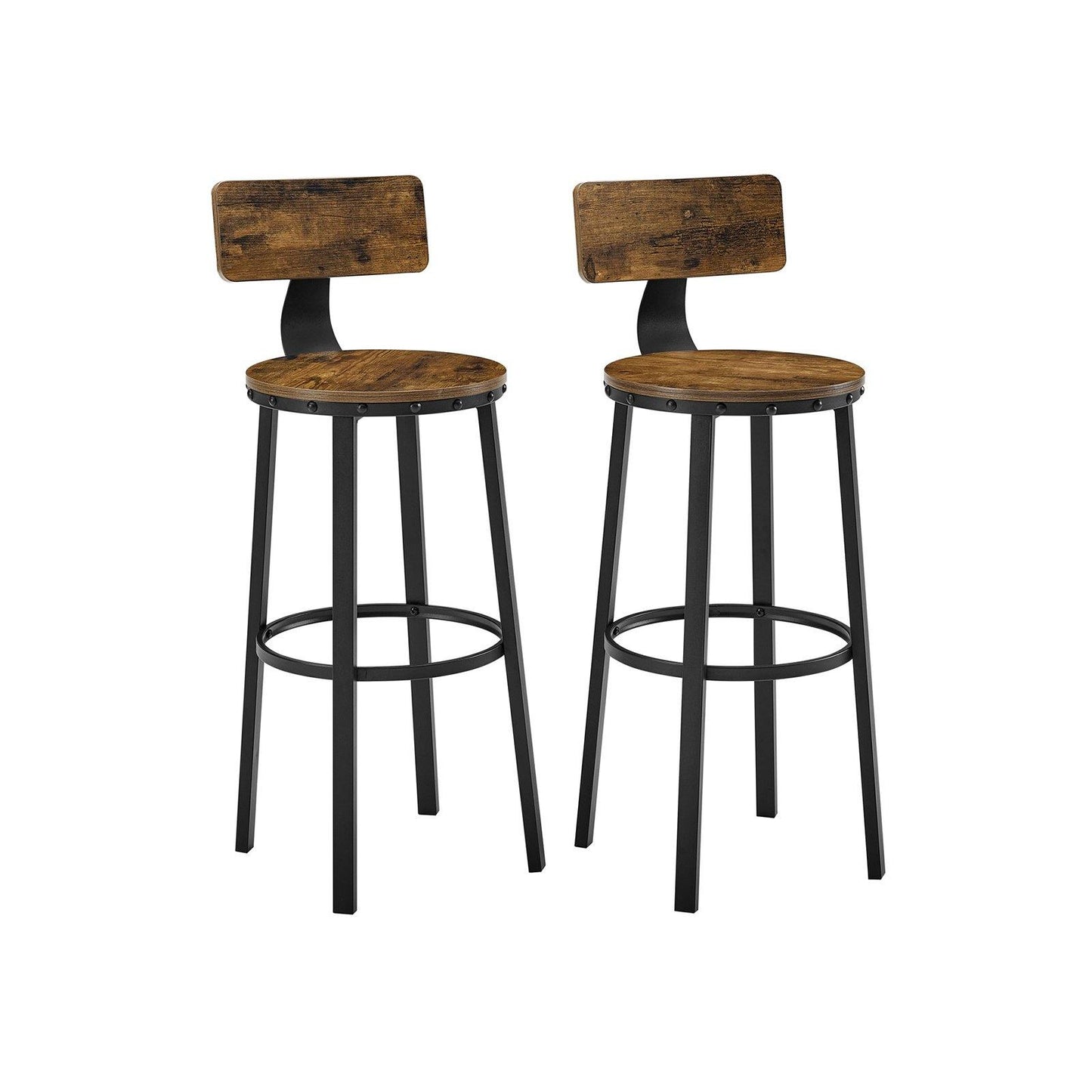 Set of 2 Industrial Brown Bar Stools with Backrests FredCo