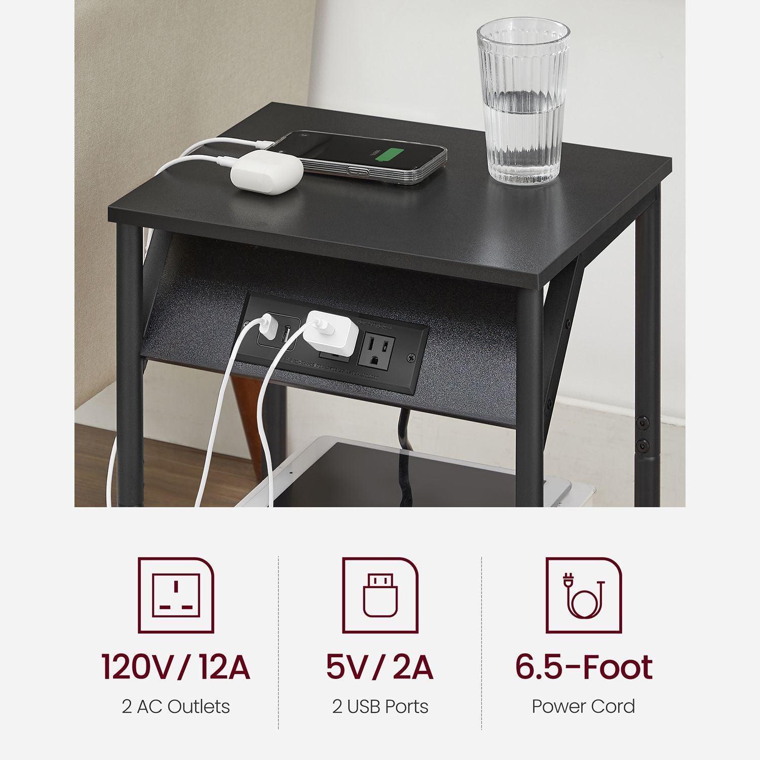 Set of 2 Plug-in Series Side Table, USB, Black Nightstand FredCo