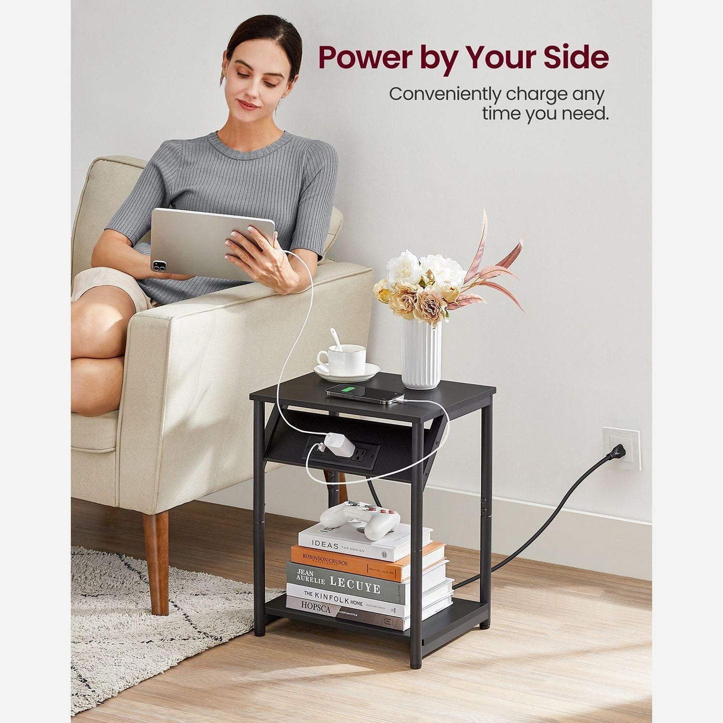 Set of 2 Plug-in Series Side Table, USB, Black Nightstand FredCo