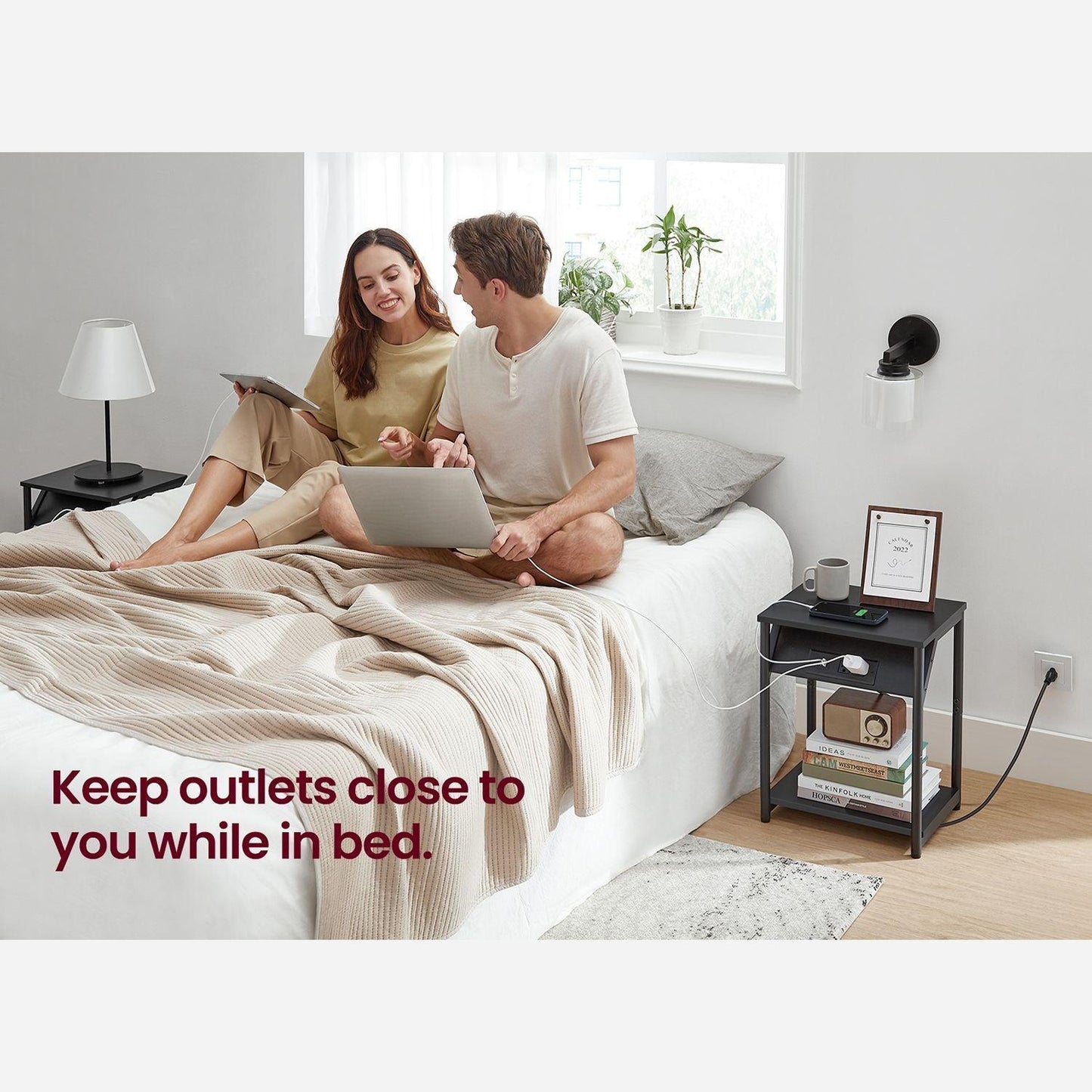 Set of 2 Plug-in Series Side Table, USB, Black Nightstand FredCo
