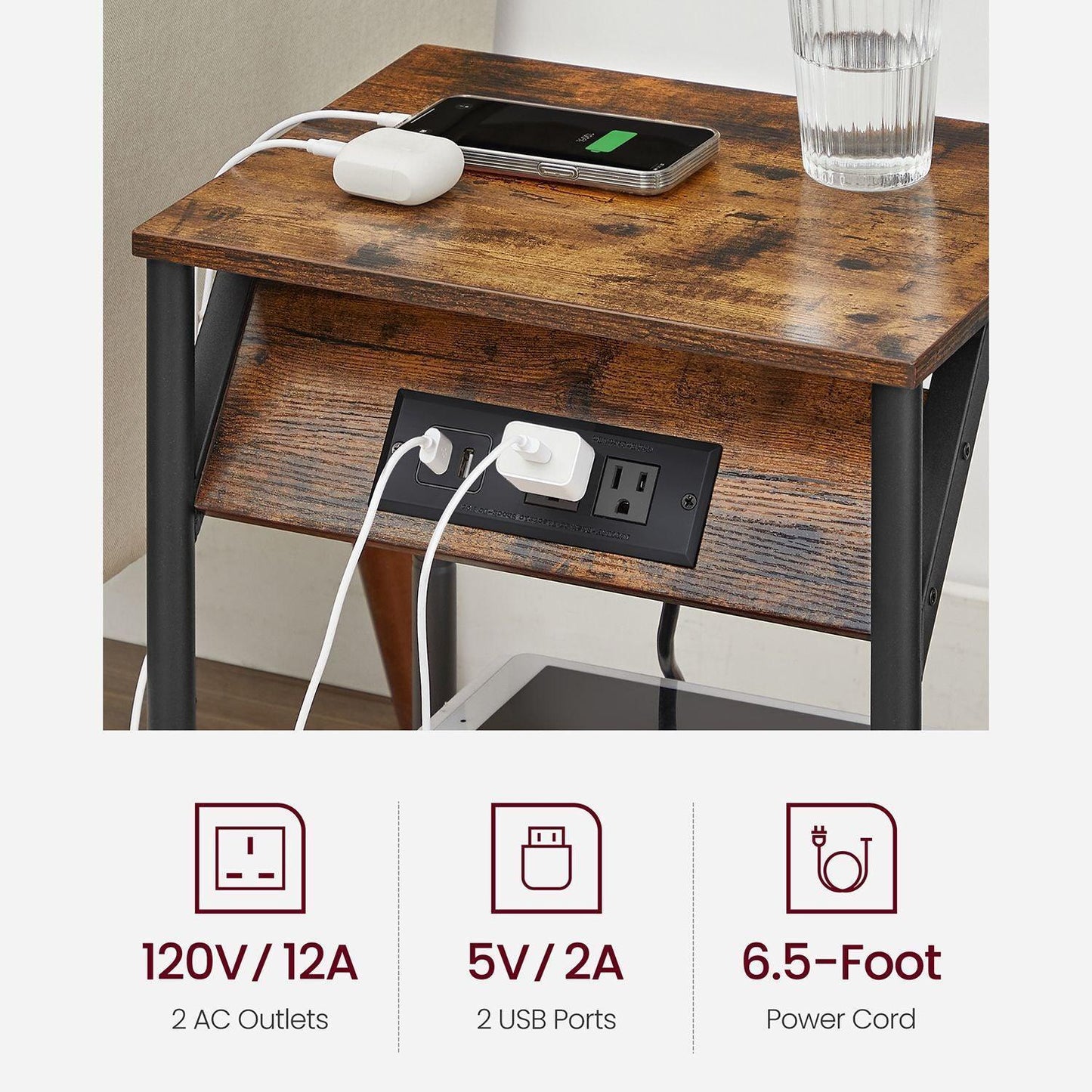Set of 2 Plug-in Series Side Table, USB, Brown and Black FredCo