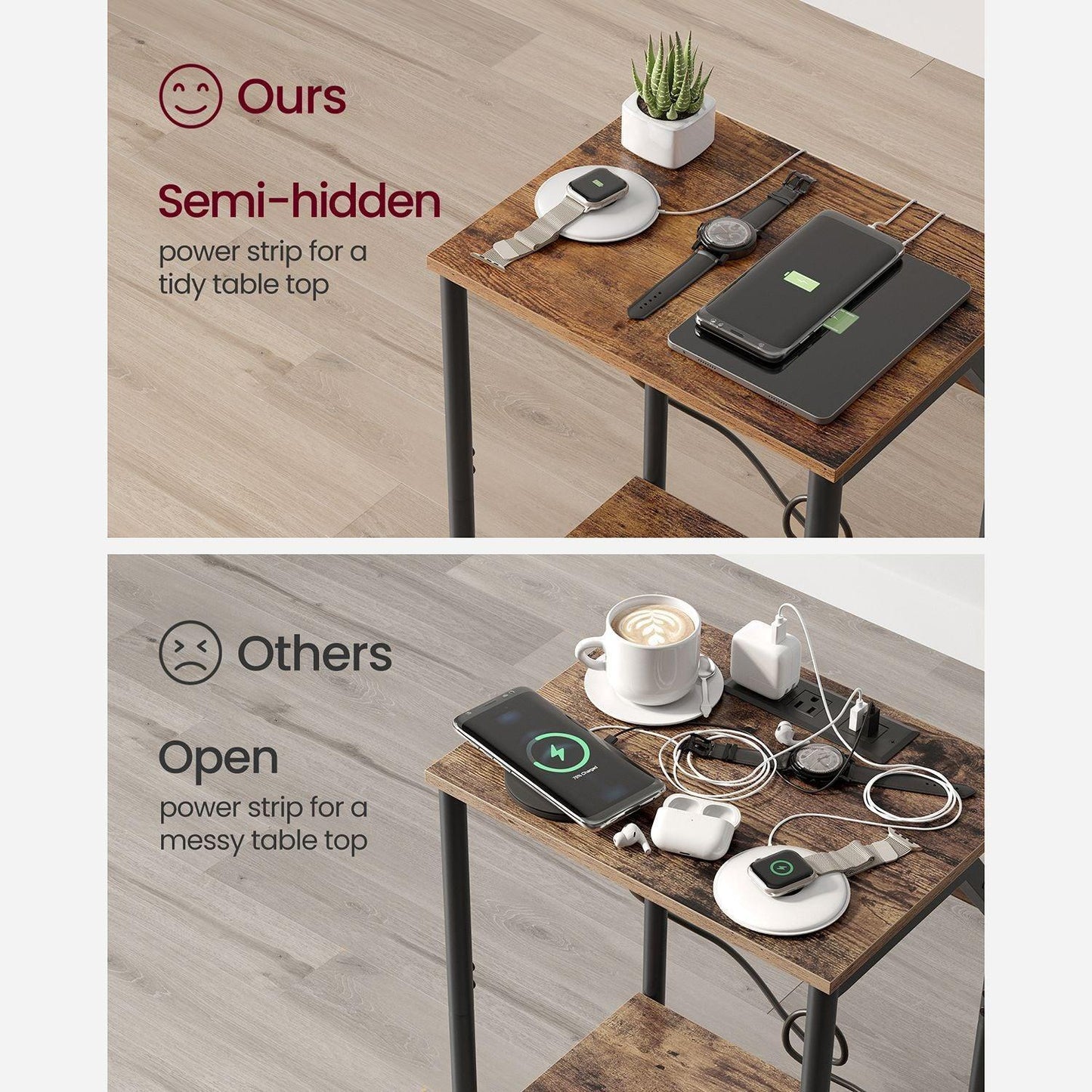 Set of 2 Plug-in Series Side Table, USB, Brown and Black FredCo
