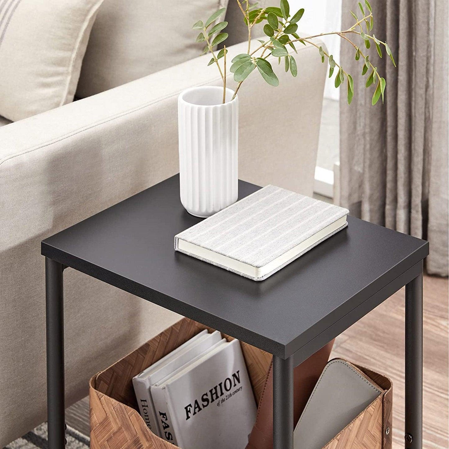 Set of 2 Side Table with Storage Shelf Black FredCo