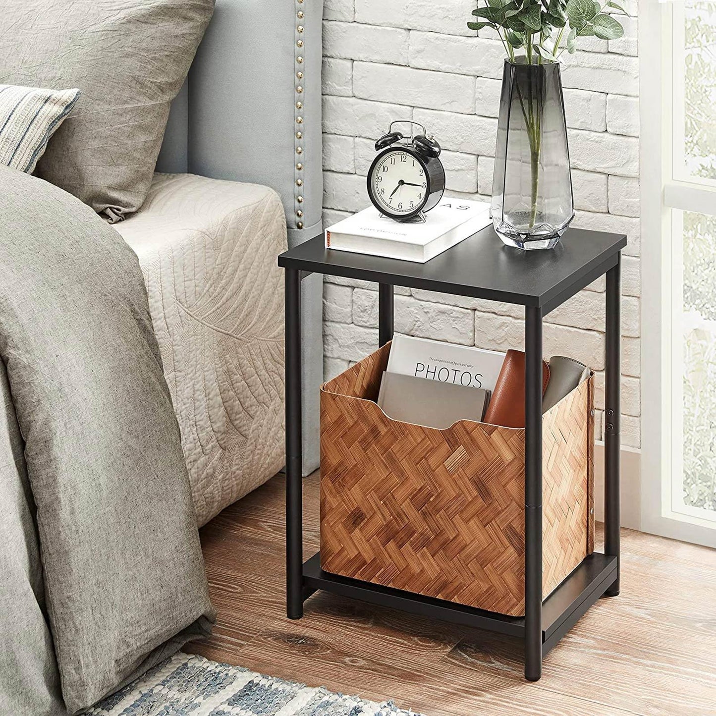 Set of 2 Side Table with Storage Shelf Black FredCo