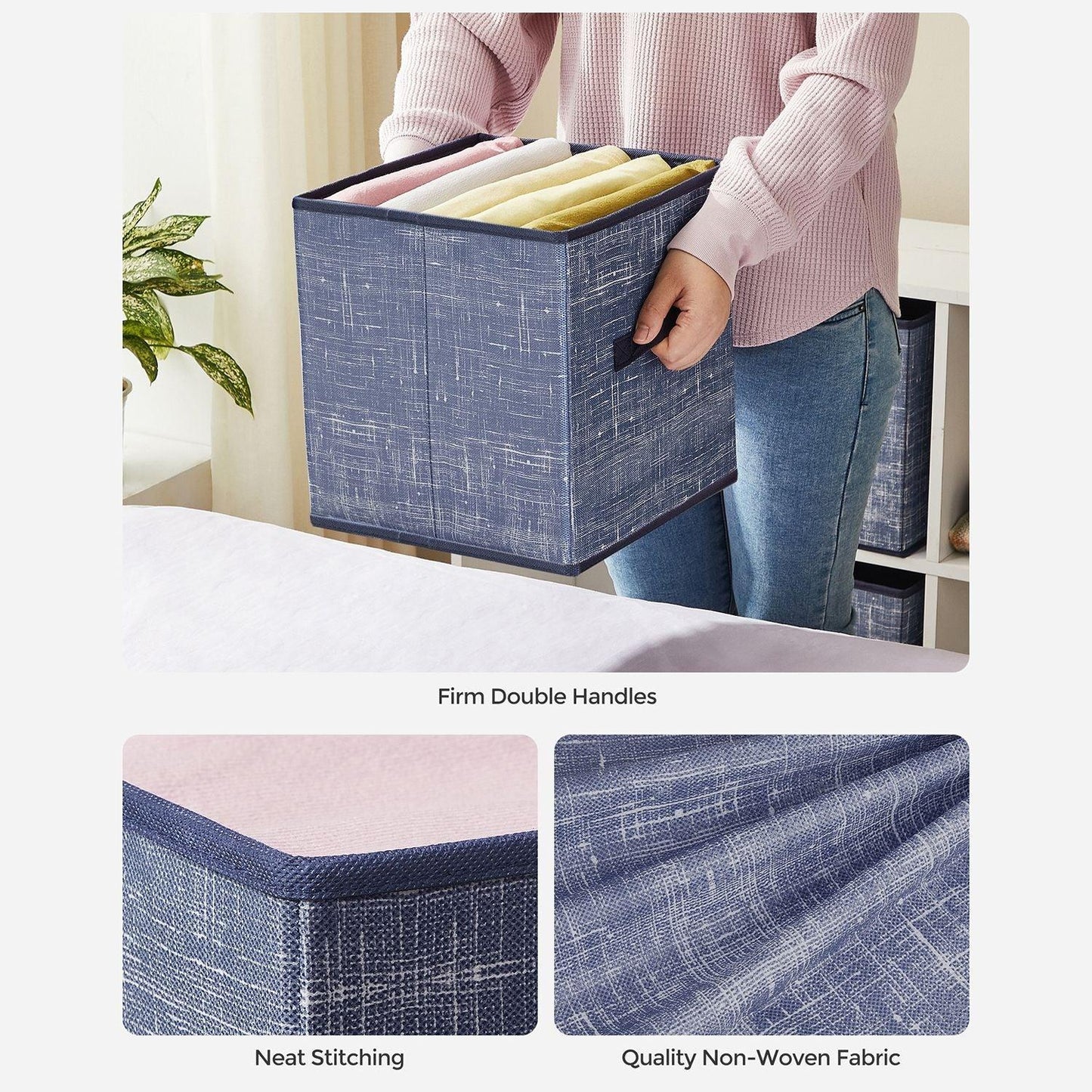 Set of 6 Navy Blue Storage Cubes with Double Handles, Clothes FredCo
