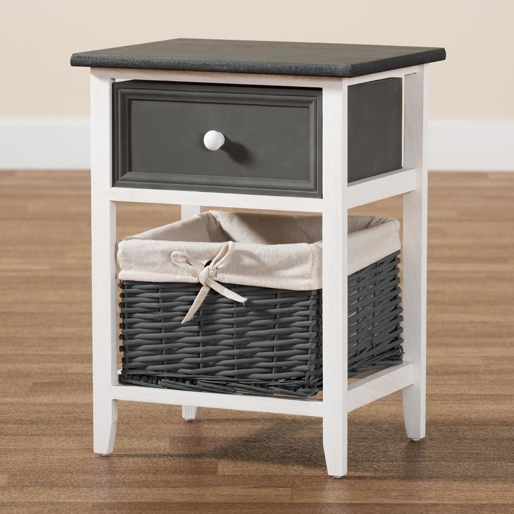 Shadell Modern Transitional Two-Tone Dark Grey and White Finished Wood 1-Drawer Storage Unit with Basket FredCo