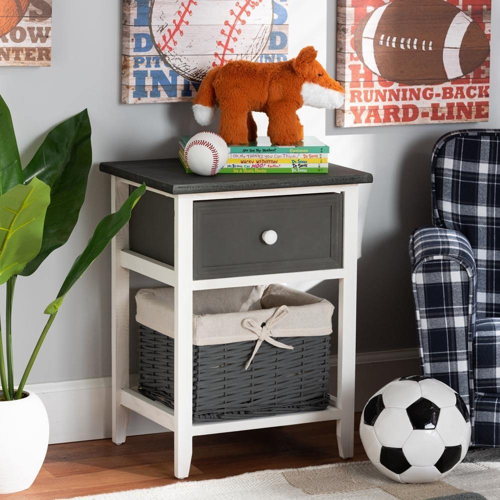 Shadell Modern Transitional Two-Tone Dark Grey and White Finished Wood 1-Drawer Storage Unit with Basket FredCo
