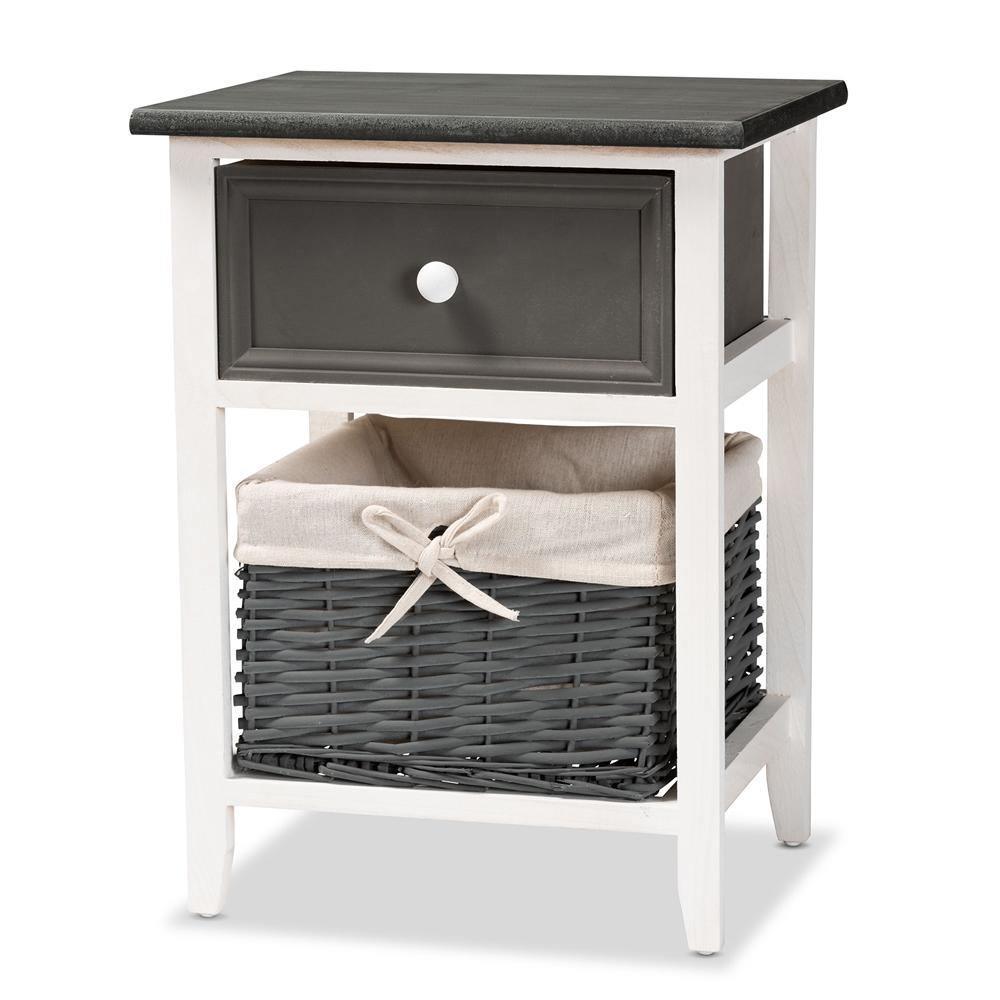 Shadell Modern Transitional Two-Tone Dark Grey and White Finished Wood 1-Drawer Storage Unit with Basket FredCo