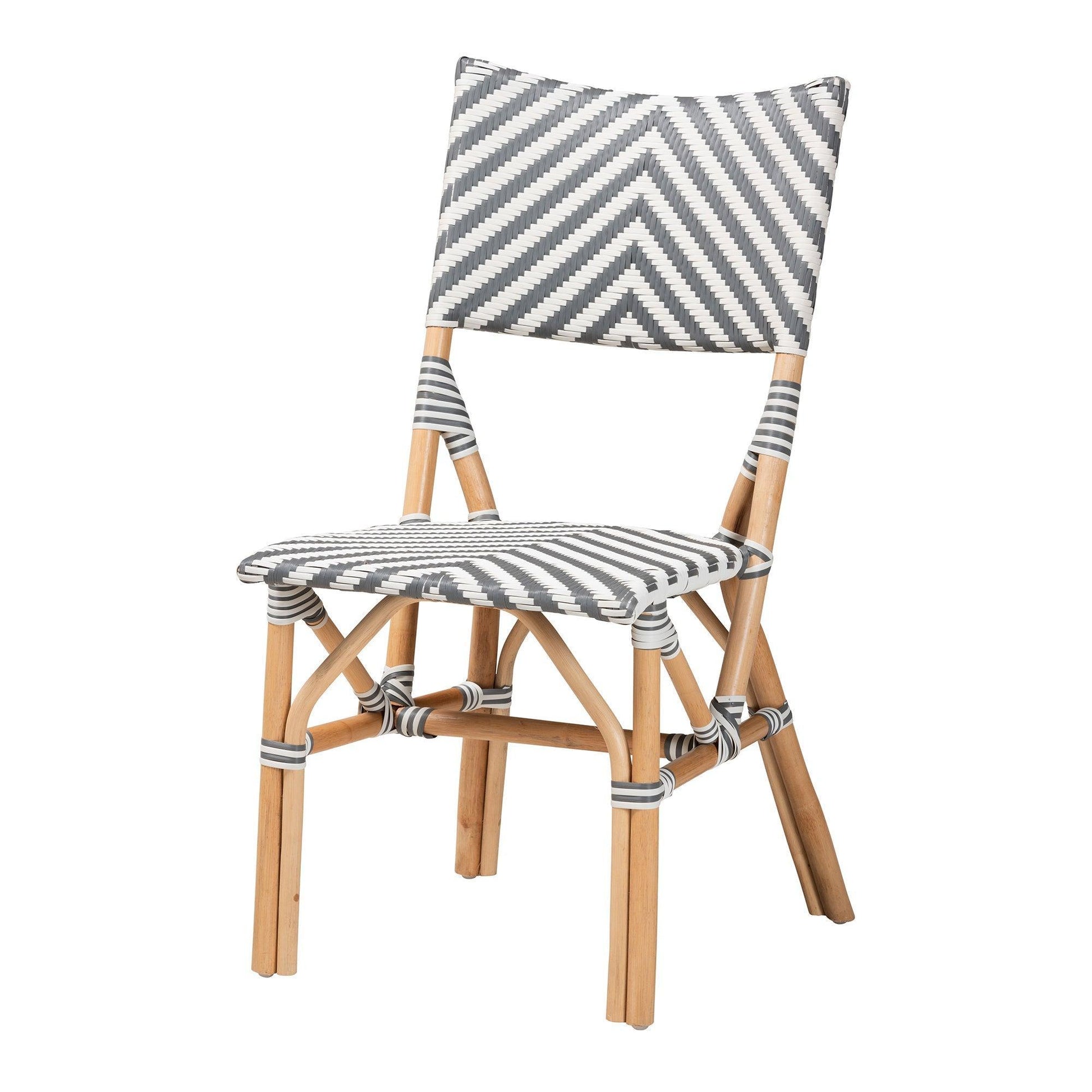 Shai Modern French Grey and White Weaving and Natural Rattan Bistro Chair FredCo