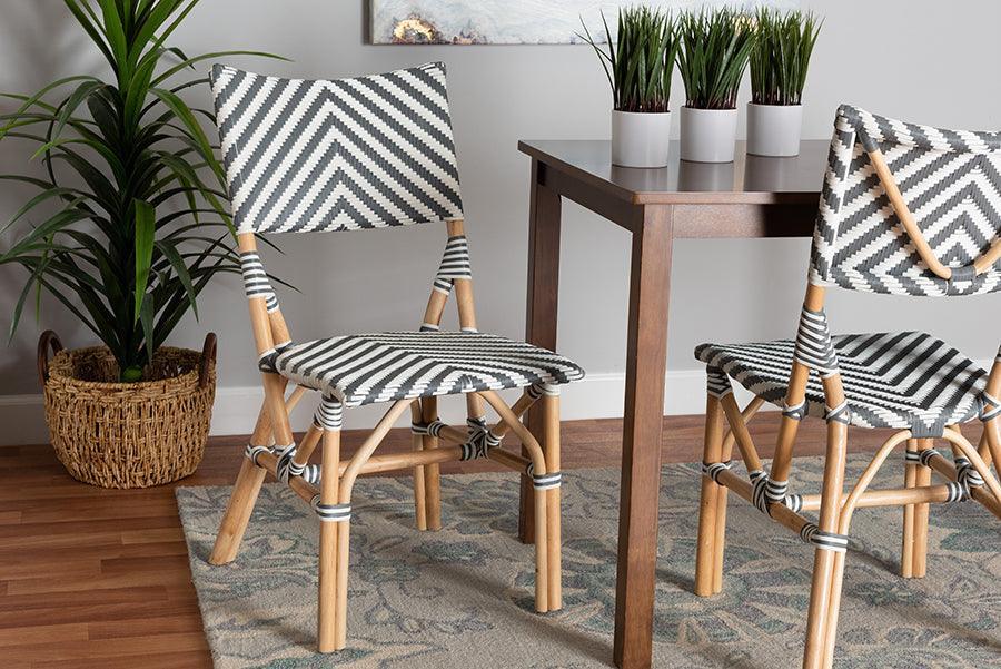 Shai Modern French Grey and White Weaving and Natural Rattan Bistro Chair FredCo