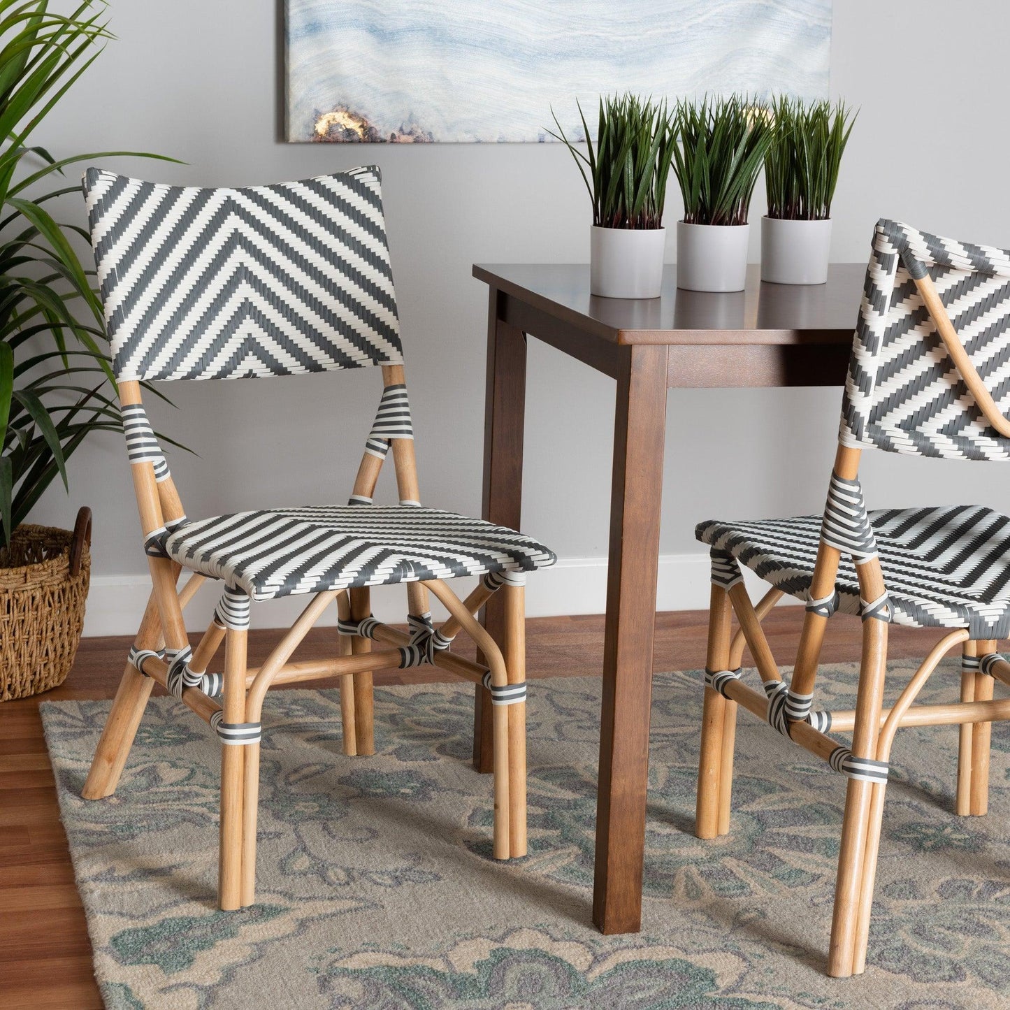 Shai Modern French Grey and White Weaving and Natural Rattan Bistro Chair FredCo