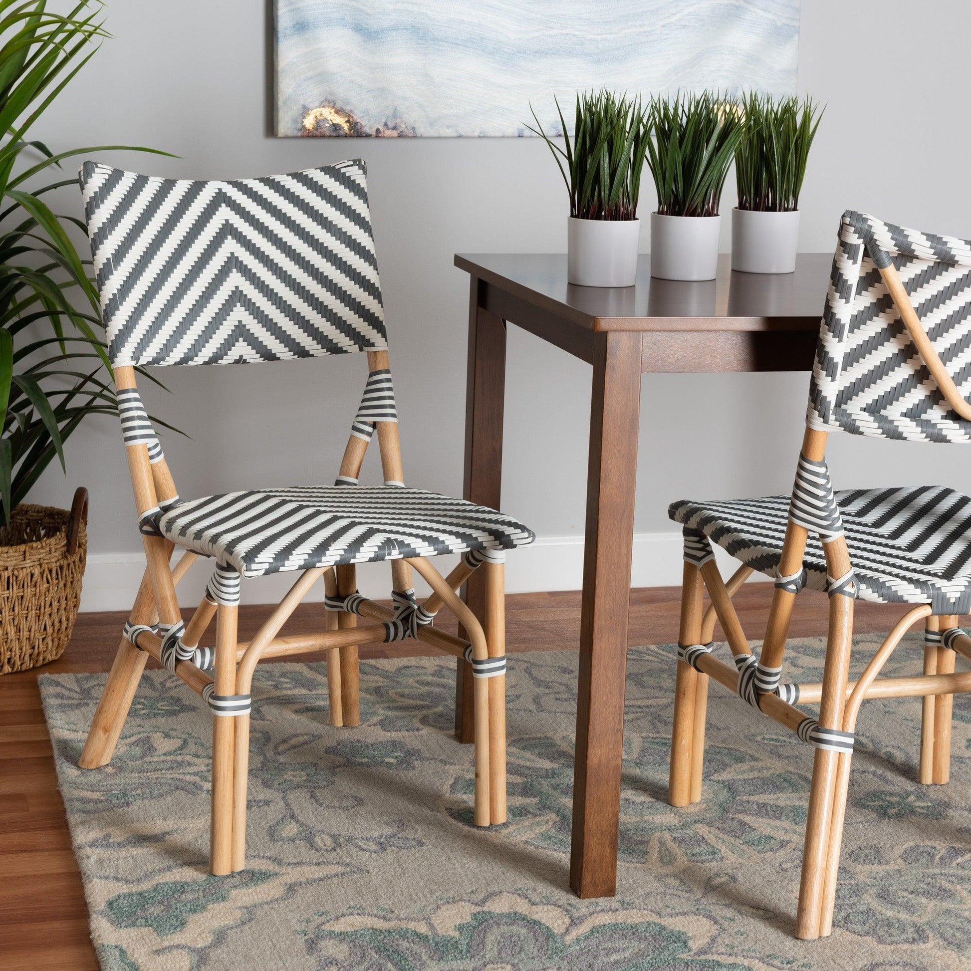 Shai Modern French Grey and White Weaving and Natural Rattan Bistro Chair FredCo