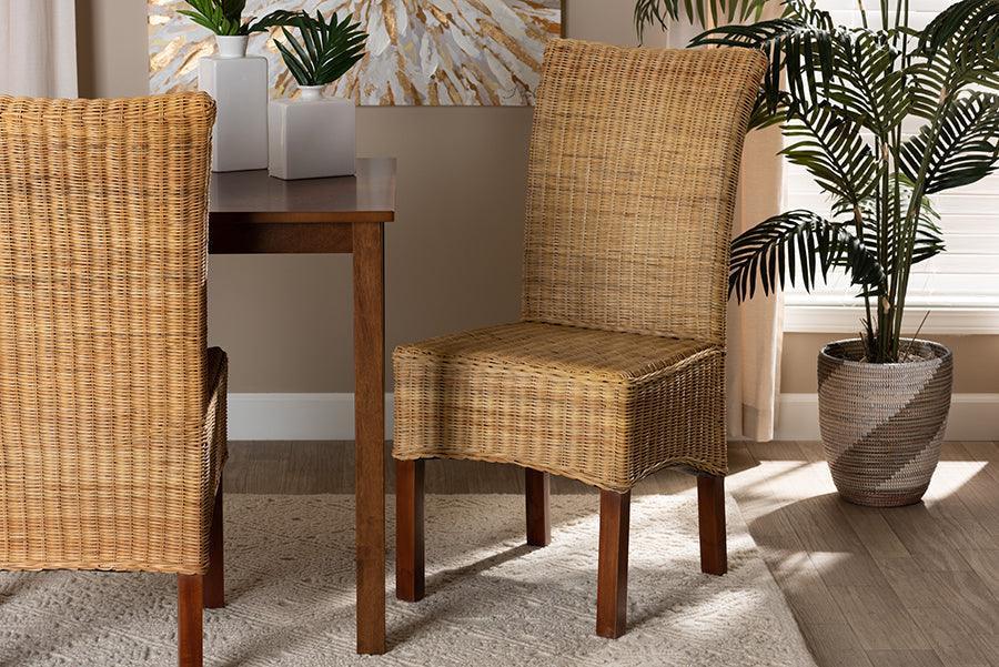 Shamara Modern Bohemian Natural Rattan and Mahogany Wood Dining Chair FredCo