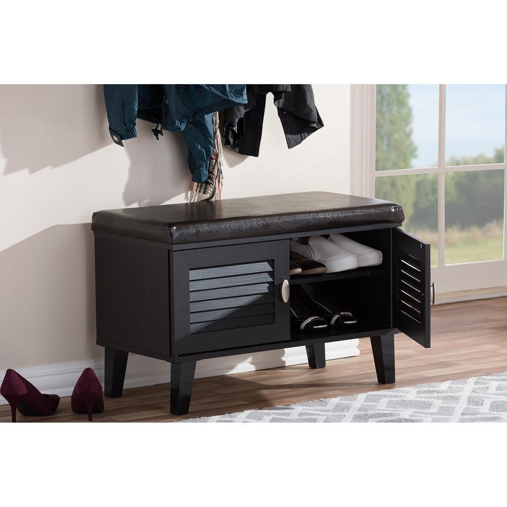 Sheffield Modern and Contemporary 2-door Dark Brown Wood Entryway Storage Cushioned Bench Shoe Rack Cabinet Organizer FredCo
