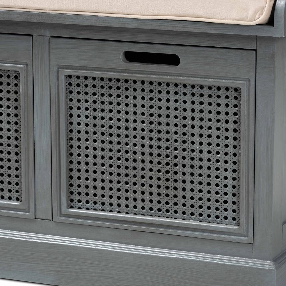 Sheldon Modern and Contemporary Vintage Beige Fabric Grey Finished Wood and Rattan Shoe Storage Bench FredCo