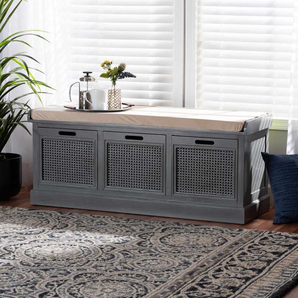 Sheldon Modern and Contemporary Vintage Beige Fabric Grey Finished Wood and Rattan Shoe Storage Bench FredCo