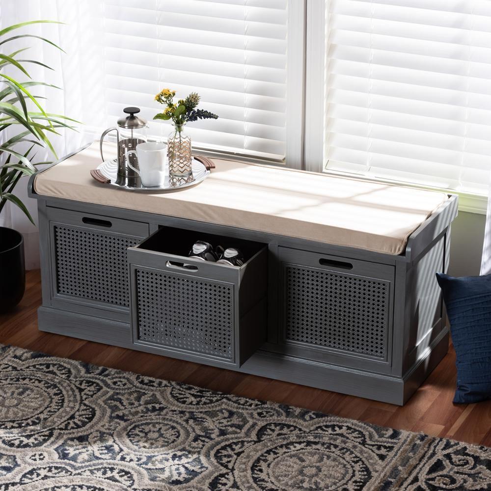 Sheldon Modern and Contemporary Vintage Beige Fabric Grey Finished Wood and Rattan Shoe Storage Bench FredCo