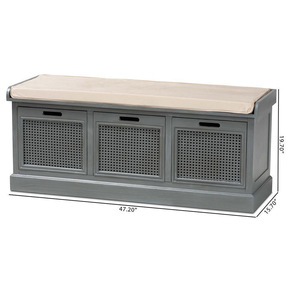 Sheldon Modern and Contemporary Vintage Beige Fabric Grey Finished Wood and Rattan Shoe Storage Bench FredCo