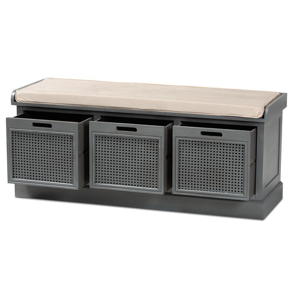 Sheldon Modern and Contemporary Vintage Beige Fabric Grey Finished Wood and Rattan Shoe Storage Bench FredCo
