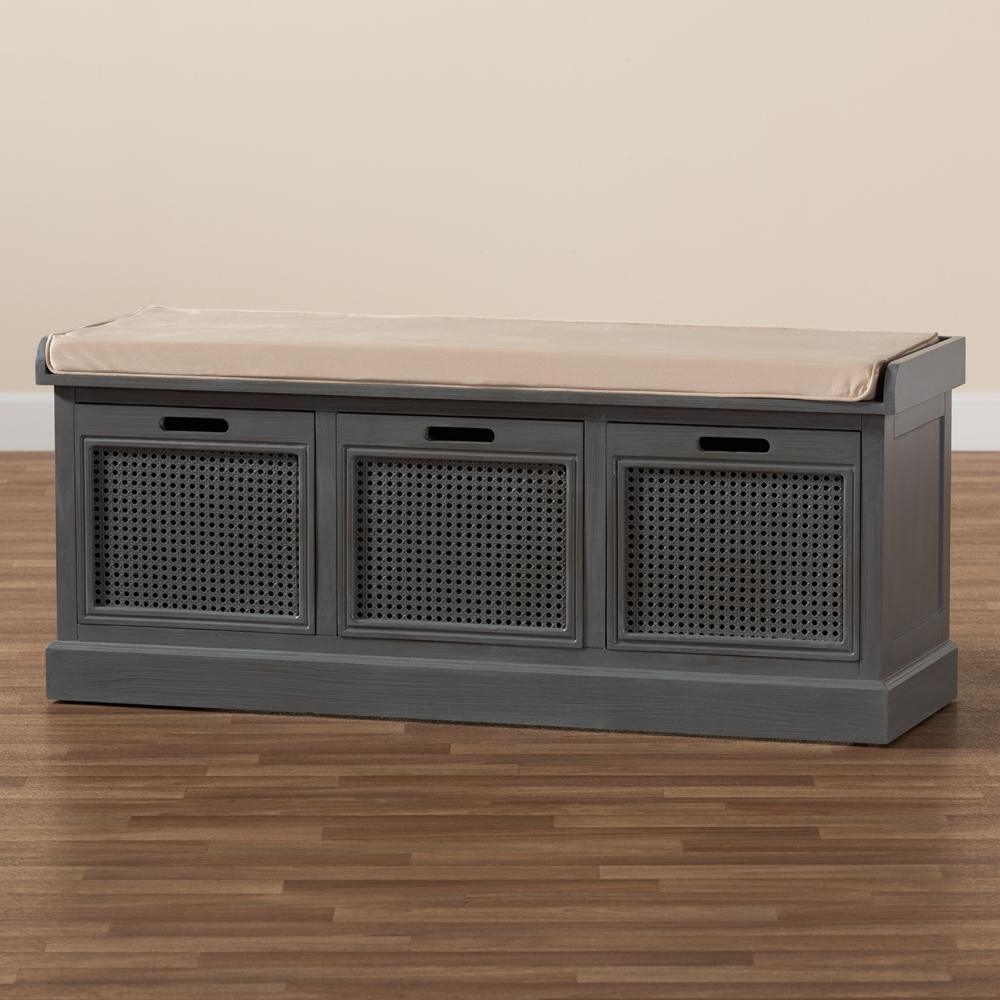 Sheldon Modern and Contemporary Vintage Beige Fabric Grey Finished Wood and Rattan Shoe Storage Bench FredCo