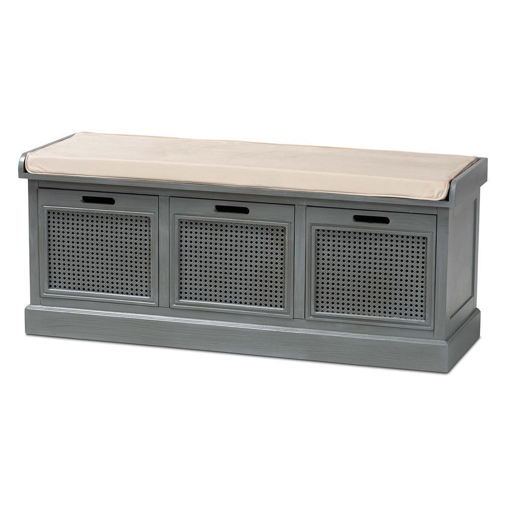 Sheldon Modern and Contemporary Vintage Beige Fabric Grey Finished Wood and Rattan Shoe Storage Bench FredCo