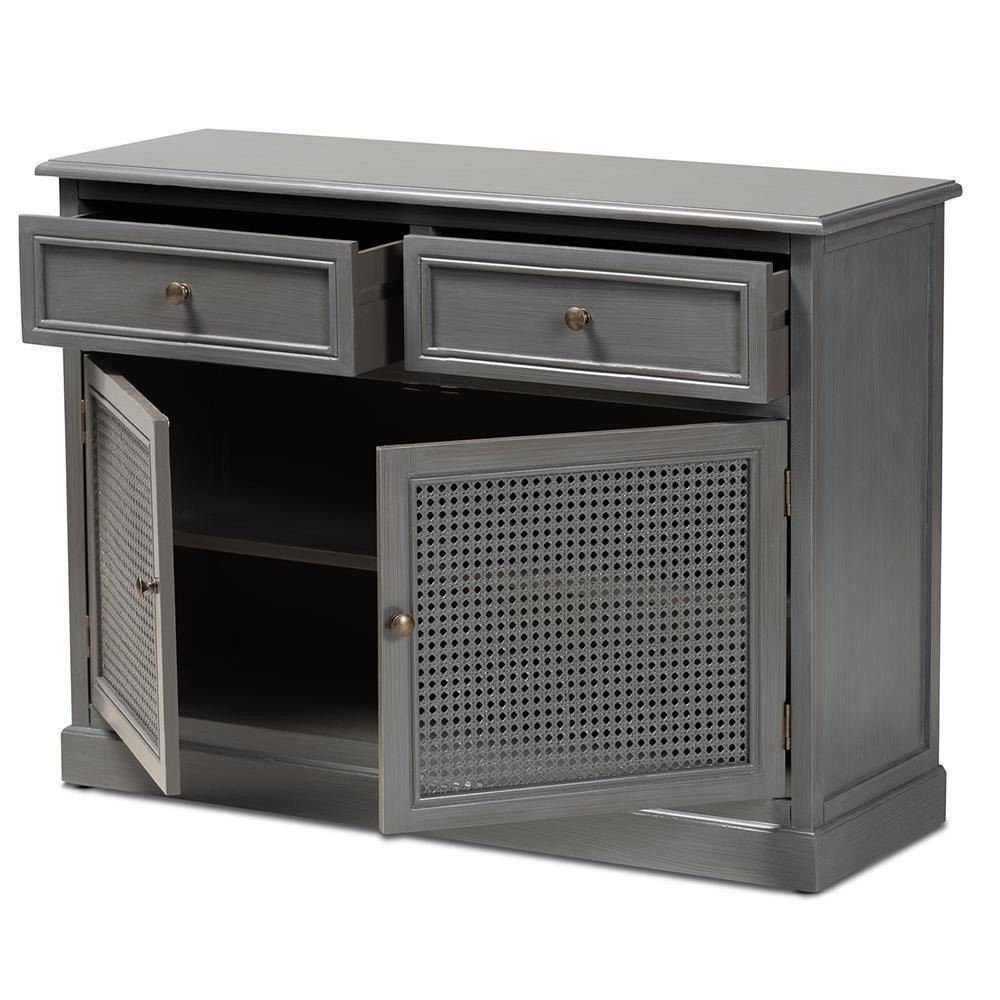 Sheldon Modern and Contemporary Vintage Grey Finished Wood and Synthetic Rattan 2-Door Dining Room Sideboard Buffet FredCo
