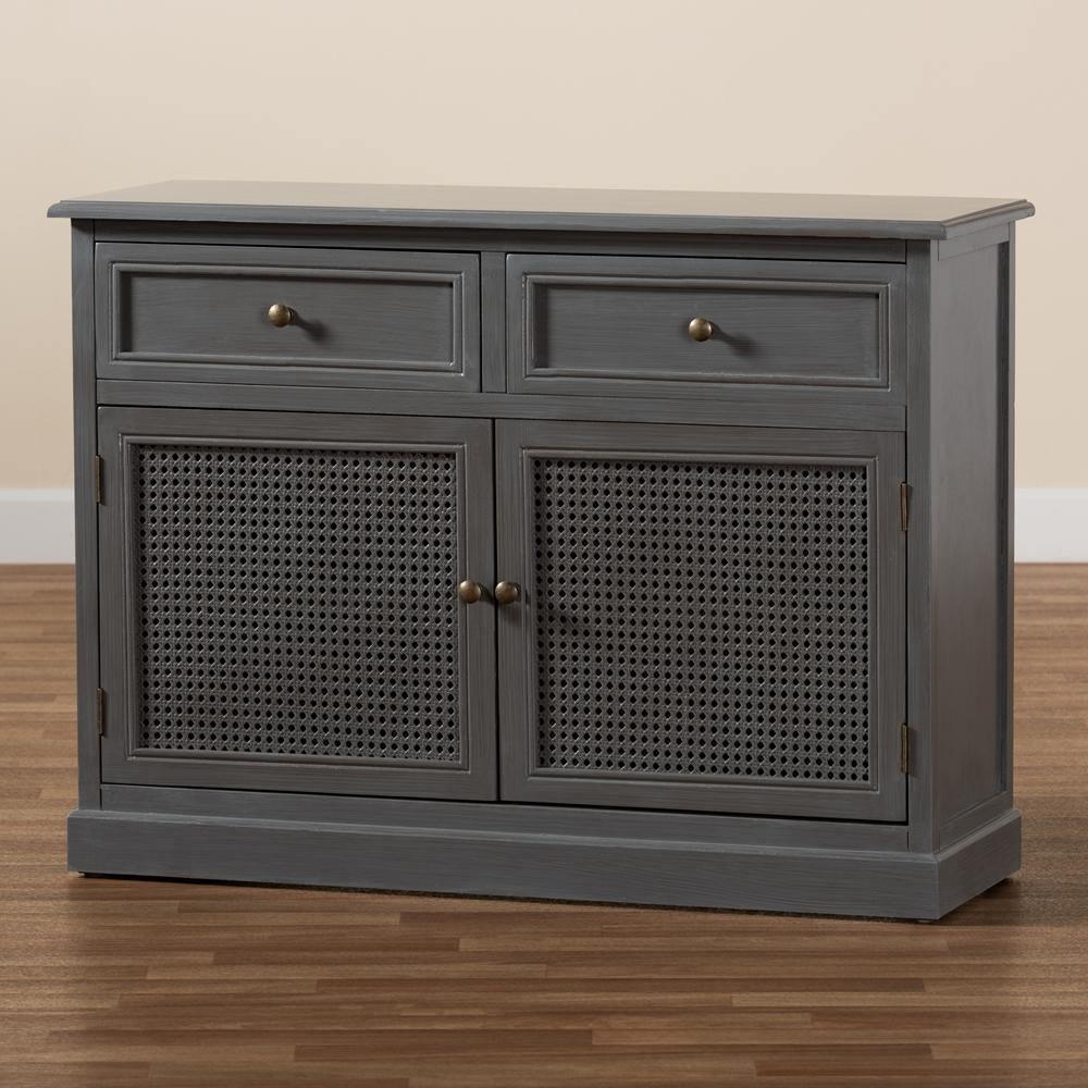 Sheldon Modern and Contemporary Vintage Grey Finished Wood and Synthetic Rattan 2-Door Dining Room Sideboard Buffet FredCo