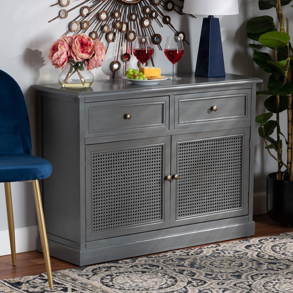 Sheldon Modern and Contemporary Vintage Grey Finished Wood and Synthetic Rattan 2-Door Dining Room Sideboard Buffet FredCo