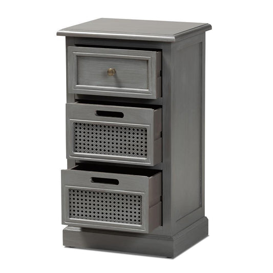 Sheldon Modern and Contemporary Vintage Grey Finished Wood and Synthetic Rattan 3-Drawer Nightstand FredCo