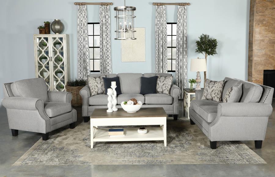 Sheldon Upholstered Living Room Set with Rolled Arms Grey 506871-S3 Coaster FredCo