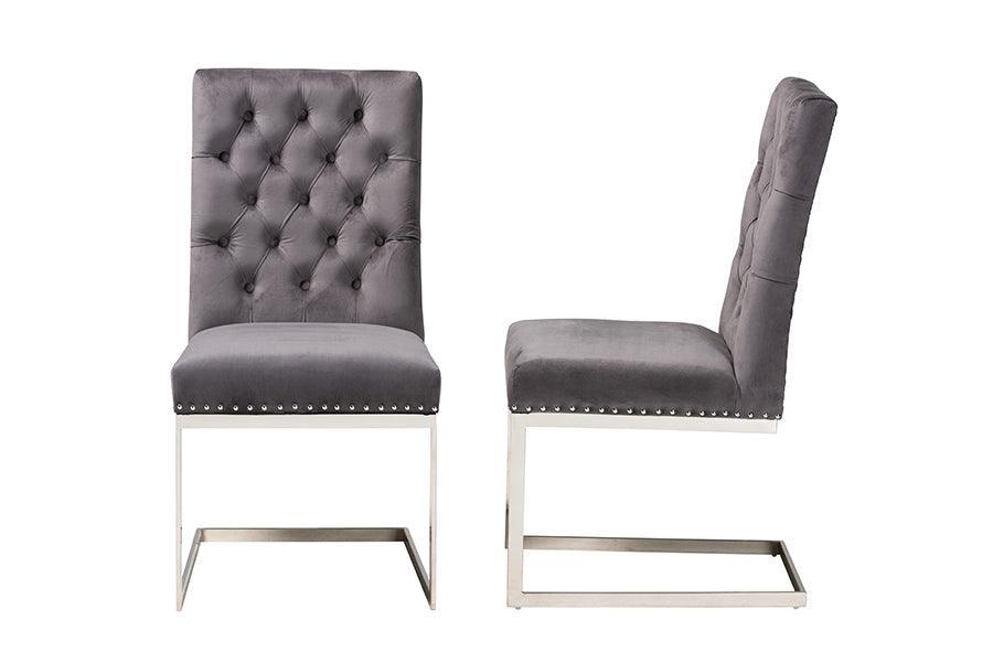 Sherine Contemporary Glam and Luxe Grey Velvet Fabric and Silver Metal 2-Piece Dining Chair Set FredCo