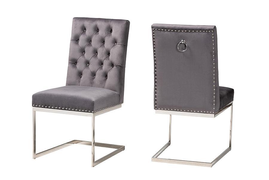 Sherine Contemporary Glam and Luxe Grey Velvet Fabric and Silver Metal 2-Piece Dining Chair Set FredCo