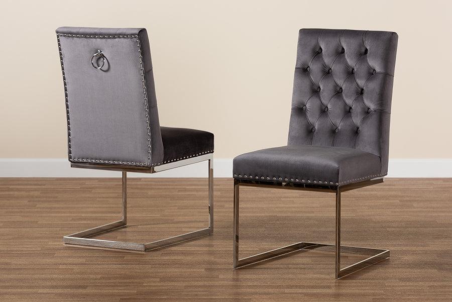 Sherine Contemporary Glam and Luxe Grey Velvet Fabric and Silver Metal 2-Piece Dining Chair Set FredCo