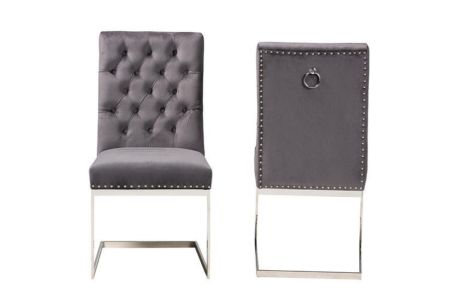 Sherine Contemporary Glam and Luxe Grey Velvet Fabric and Silver Metal 2-Piece Dining Chair Set FredCo
