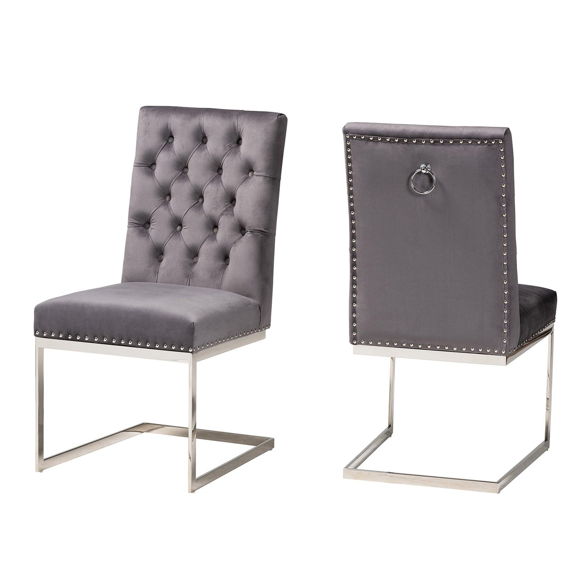 Sherine Contemporary Glam and Luxe Grey Velvet Fabric and Silver Metal 2-Piece Dining Chair Set FredCo