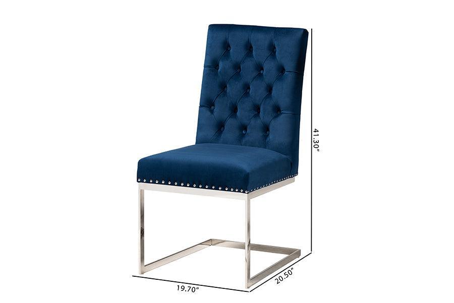 Sherine Contemporary Glam and Luxe Navy Blue Velvet Fabric and Silver Metal 2-Piece Dining Chair Set FredCo