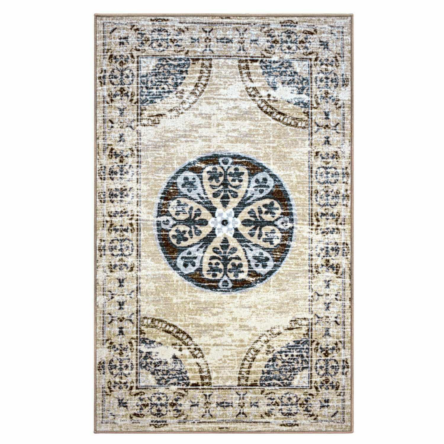 Shiloh Non-Slip Foldable Distressed Medallion Nylon Rug FredCo