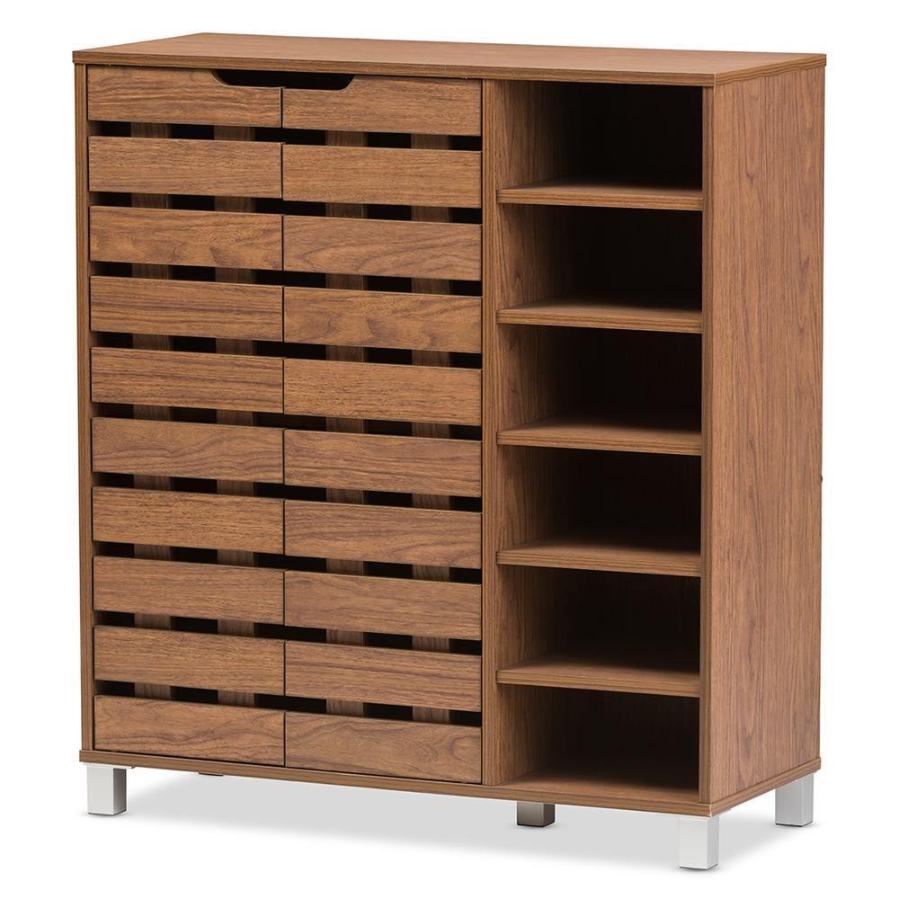 Shirley Modern and Contemporary "Walnut" Medium Brown Wood 2-Door Shoe Cabinet with Open Shelves FredCo