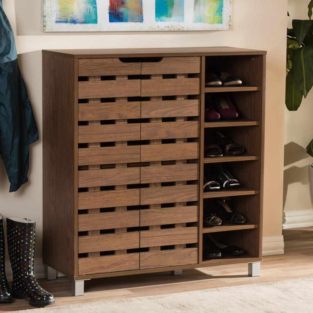 Shirley Modern and Contemporary "Walnut" Medium Brown Wood 2-Door Shoe Cabinet with Open Shelves FredCo