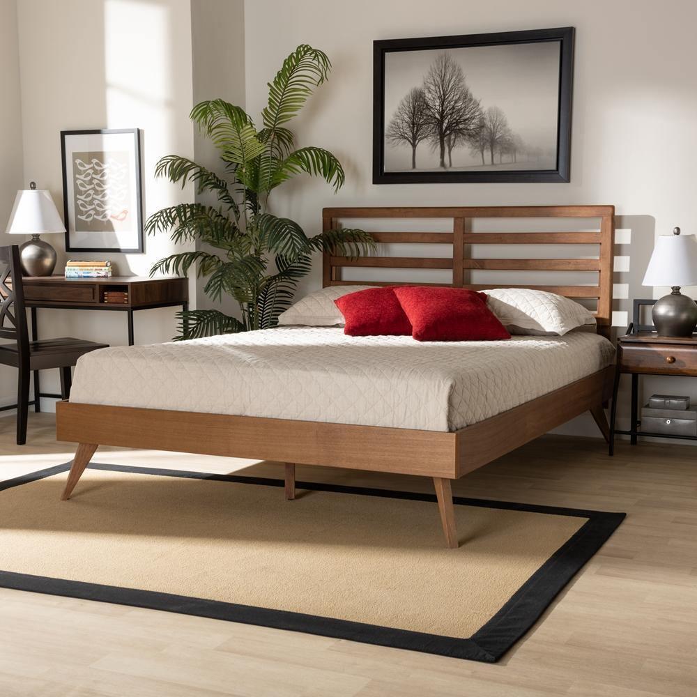 Shiro Mid-Century Modern Ash Walnut Finished Wood Queen Size Platform Bed FredCo