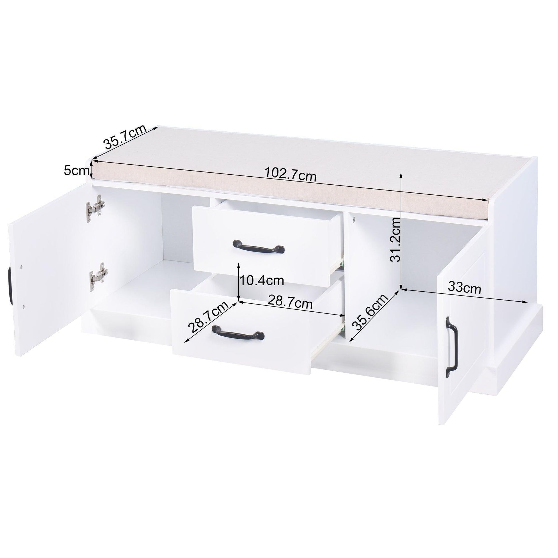 Shoe Cabinet with 2 Drawers and 2 Doors Living Room Storage Bench with White Cushion FredCo
