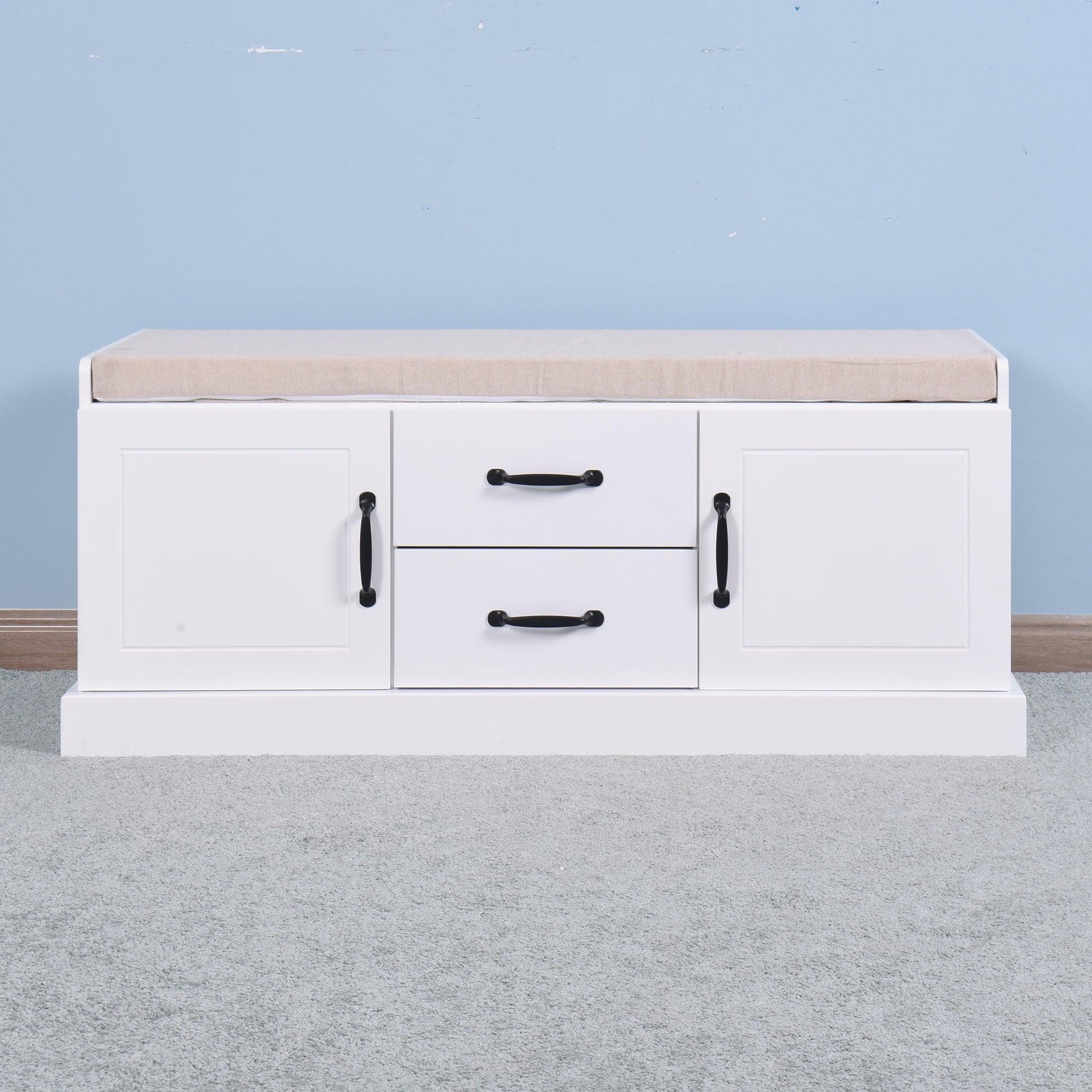Shoe Cabinet with 2 Drawers and 2 Doors Living Room Storage Bench with White Cushion FredCo