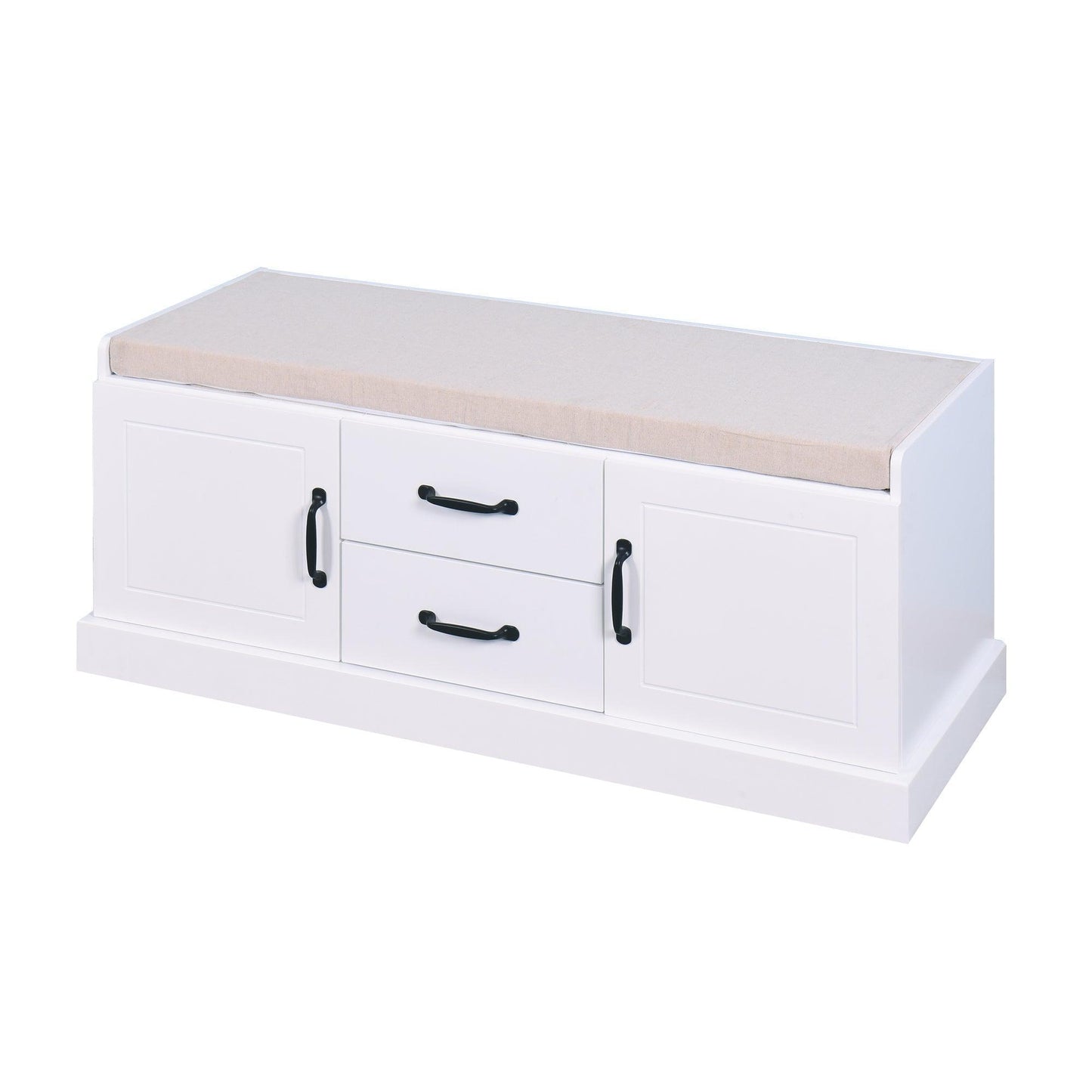 Shoe Cabinet with 2 Drawers and 2 Doors Living Room Storage Bench with White Cushion FredCo