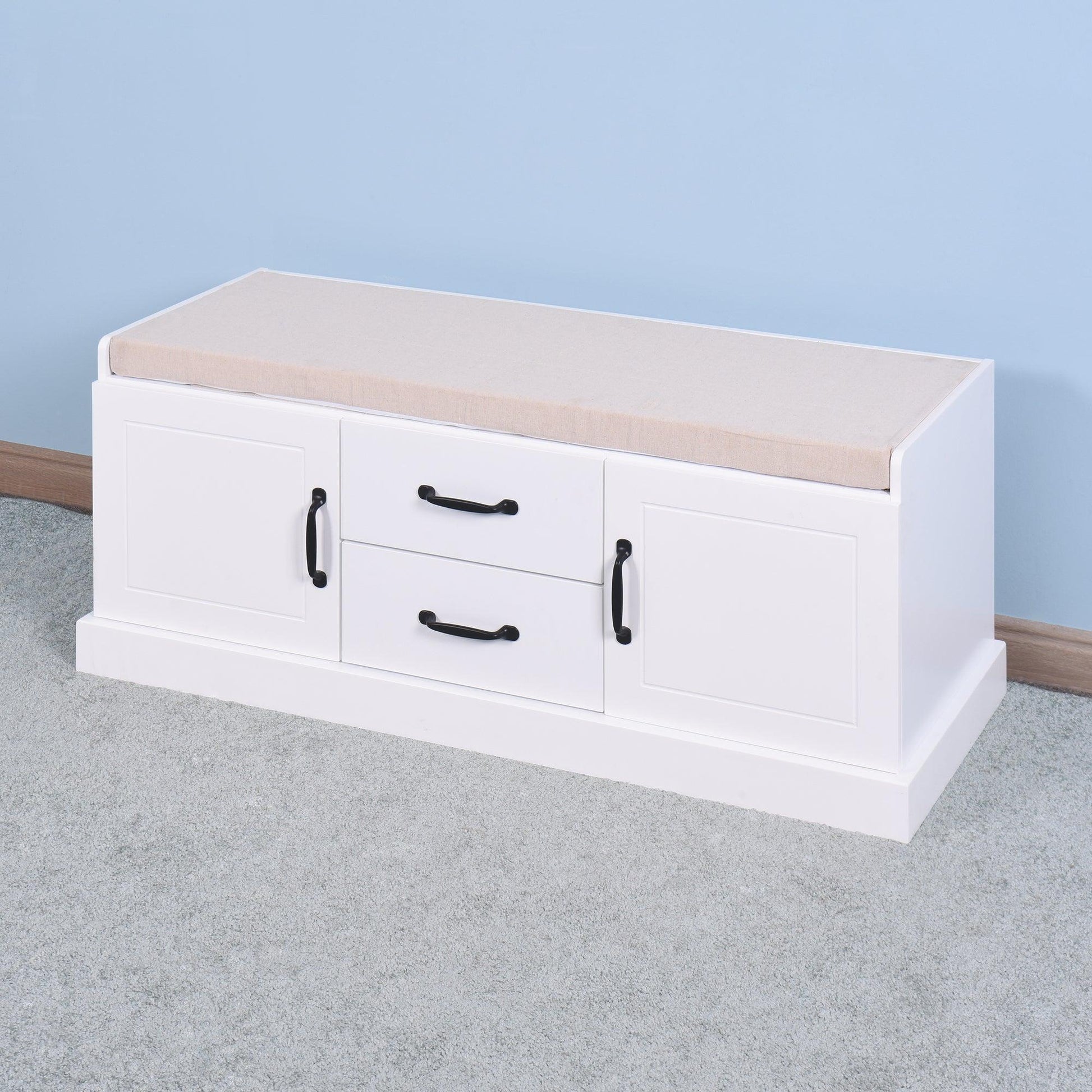 Shoe Cabinet with 2 Drawers and 2 Doors Living Room Storage Bench with White Cushion FredCo