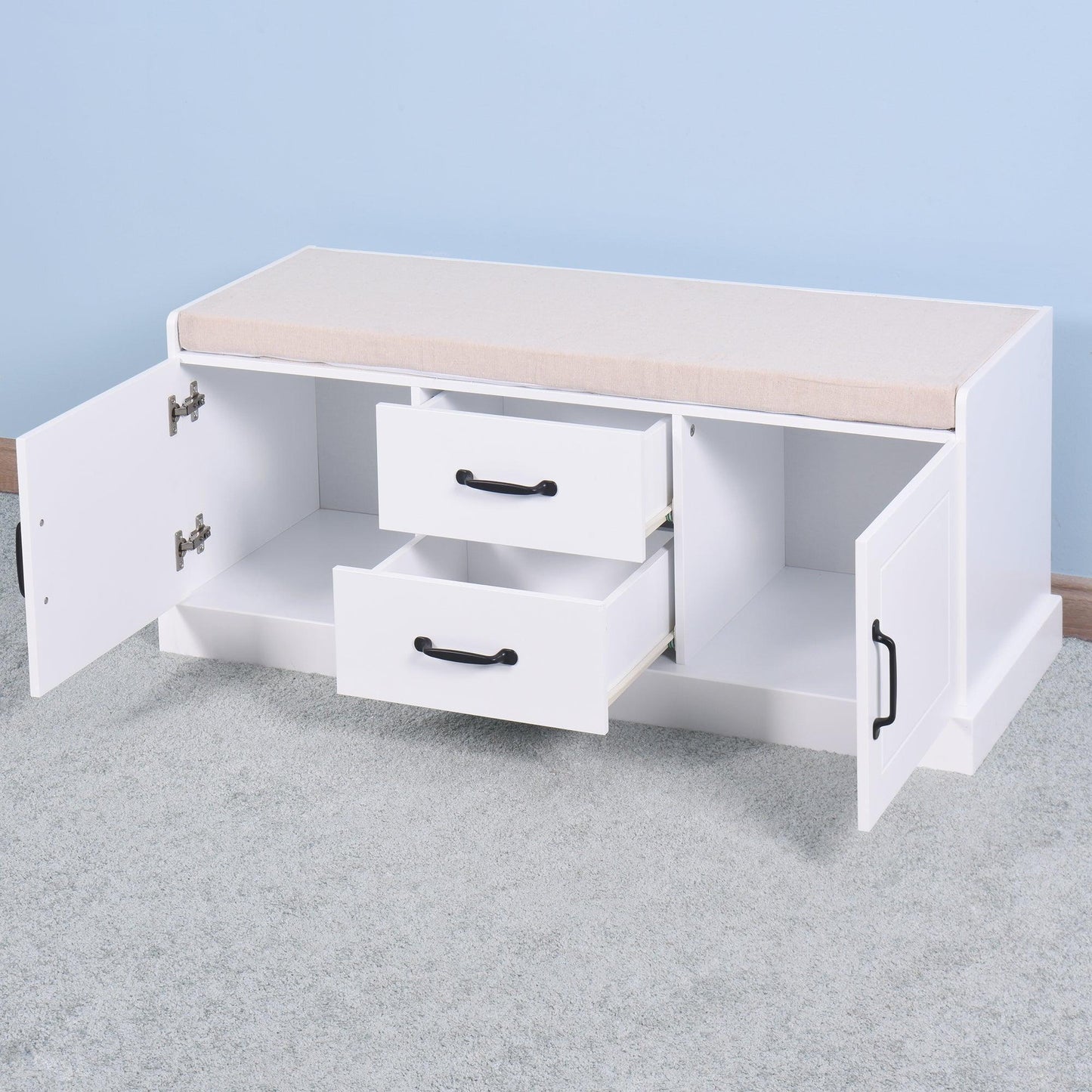 Shoe Cabinet with 2 Drawers and 2 Doors Living Room Storage Bench with White Cushion FredCo