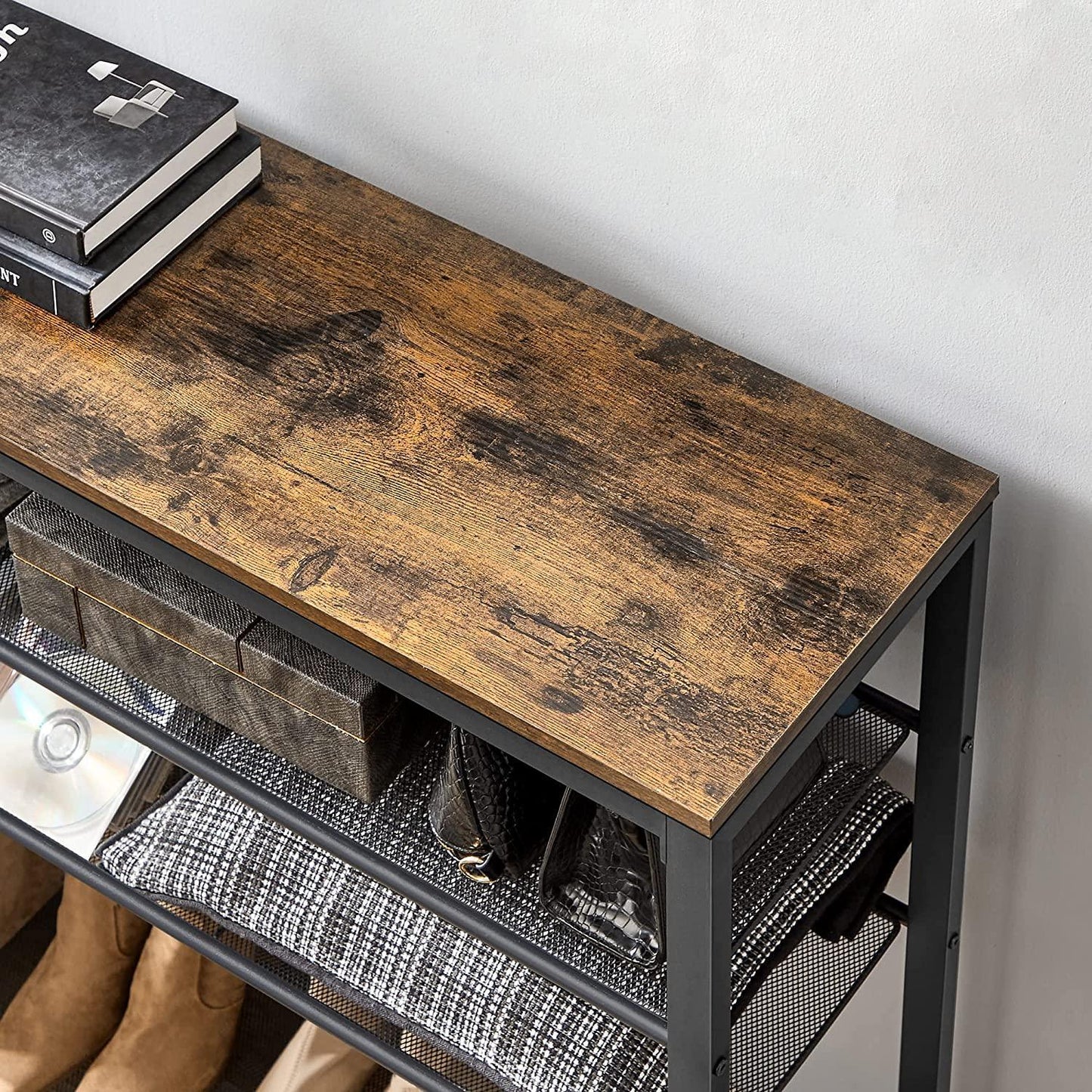 Shoe Rack with 7 Metal Shelves, Rustic Brown and Black FredCo