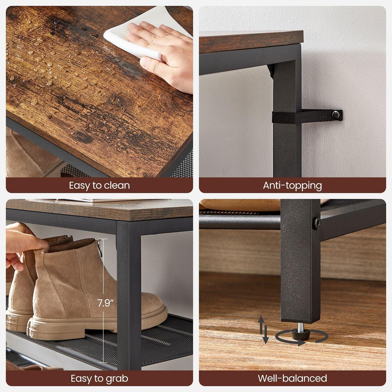 Shoe Rack with 7 Metal Shelves, Rustic Brown and Black FredCo